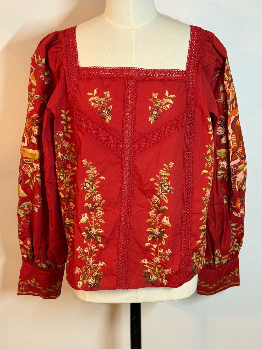 FARM Rio Anthropologie Red Floral Square-Neck Blouse